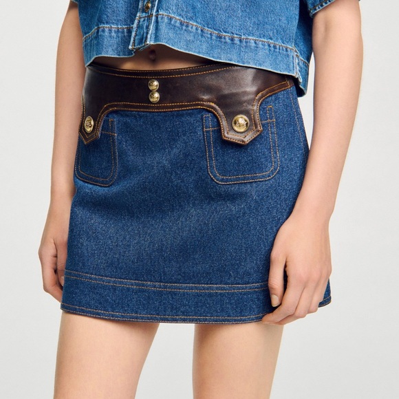Sandro Dresses & Skirts - NWT Sandro Seattle Denim & Leather Jean Button Embellished Mini Skirt size 40